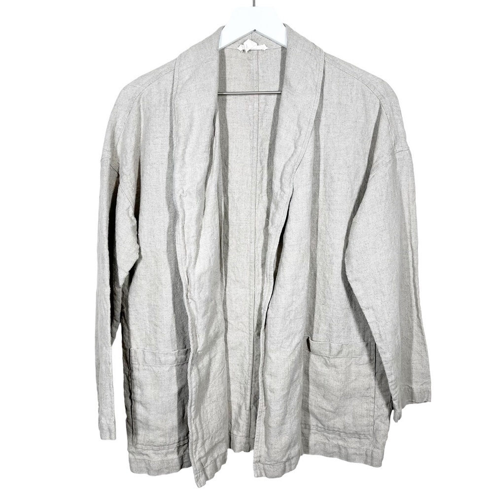 Eileen Fisher 100% Organic Linen Natural Open Front Lagenlook Jacket XS Tan